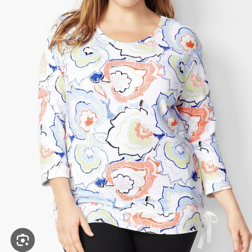 Talbots UPF 50+ Side Tie Floral Knit Top sz 2X White Active Outdoors Comfort